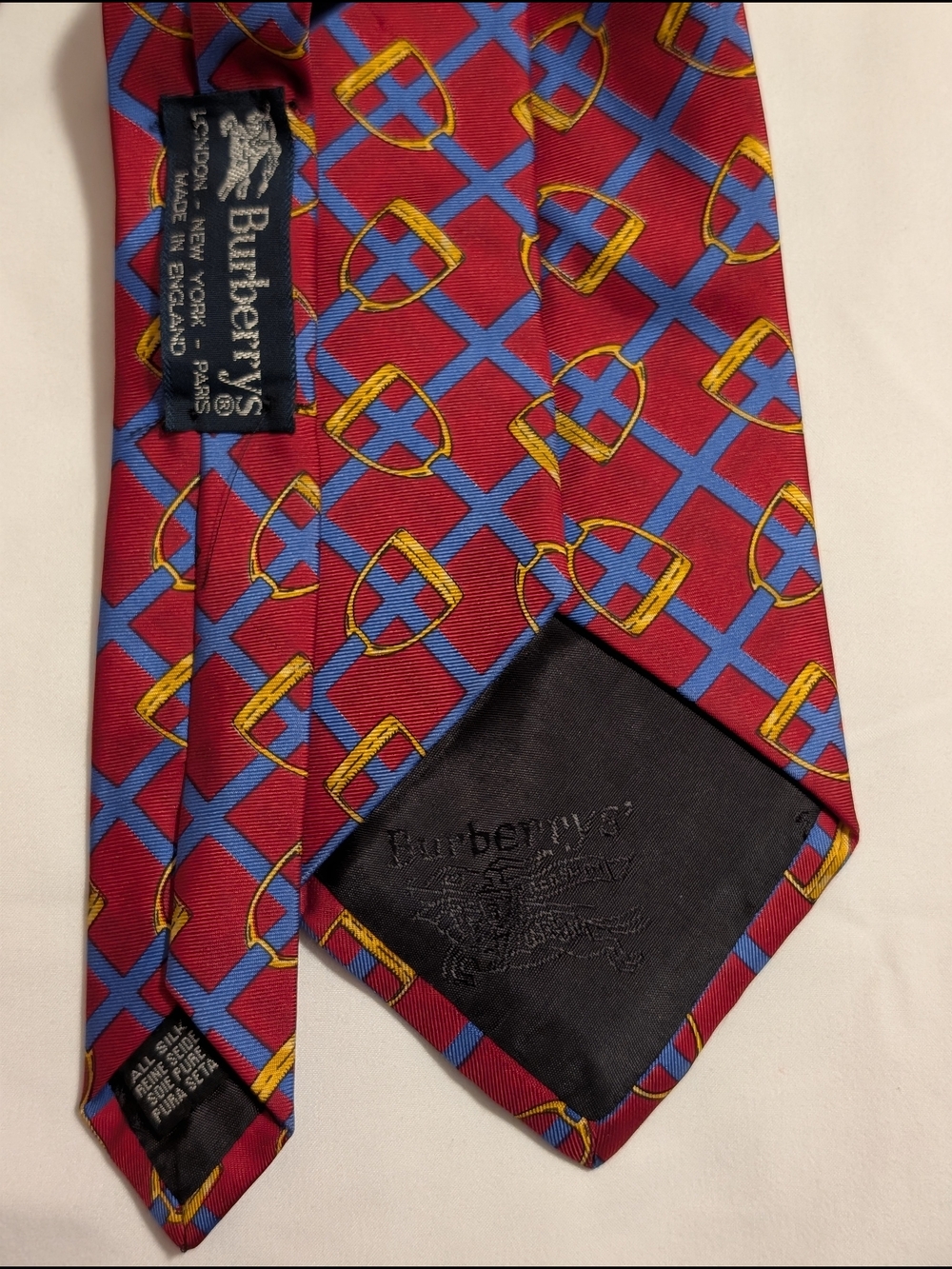 Burberrys Red Silk Tie with Blue Lattice and Yellow Buckle Motif